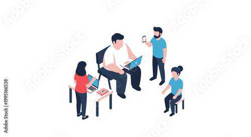 Isometric illustration of a diverse team collaborating on a project with laptops and phones.