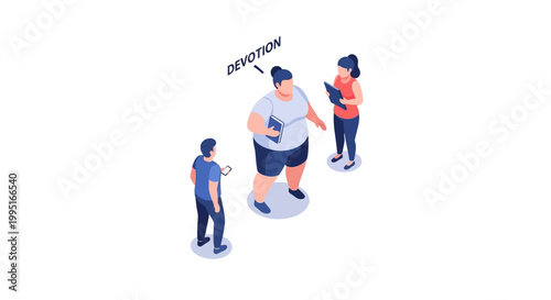 Isometric illustration of a plus-size person with fitness trainers, devotion concept.