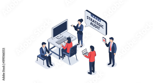 Isometric illustration of business people in a strategic audit meeting.