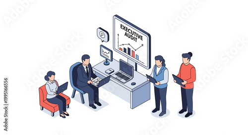 Isometric illustration of business people in an executive audit meeting.
