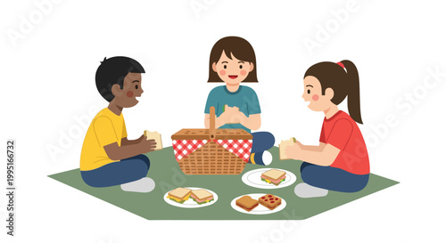 Three diverse children sit on a green mat, sharing a delightful picnic filled with tasty sandwiches and a classic woven basket.