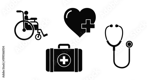 Medical icons including a wheelchair heart and stethoscope silhouette