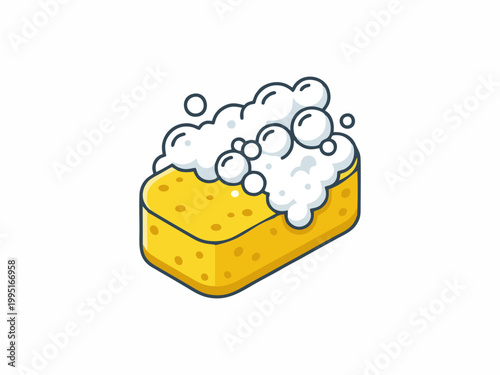 Yellow Cleaning Sponge with Soap Bubbles and Foam on White Background