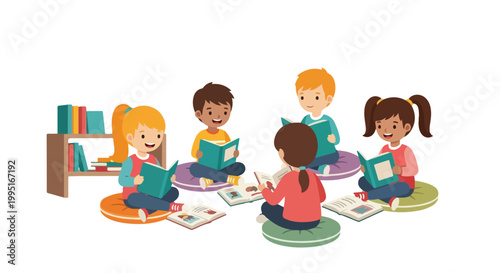 A group of diverse children sits in a circle on colorful cushions, happily reading books together in a bright library setting.