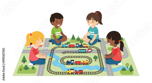 Four children of diverse backgrounds sit around a colorful play mat, happily playing together with toy trains and tracks in a cheerful scene.