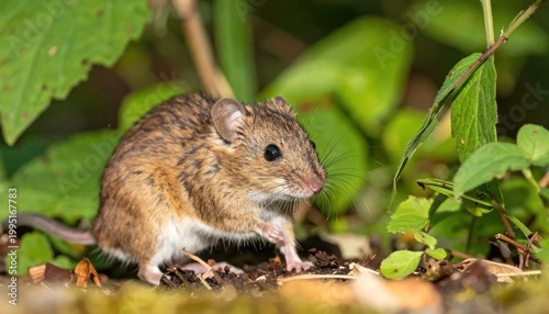 A Small Brown Mouse Forages in the Undergrowth of a Forest.