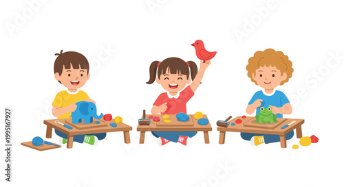 Three happy children sit at small tables, creatively crafting clay animals like an elephant, a bird, and a frog in a bright, playful setting.