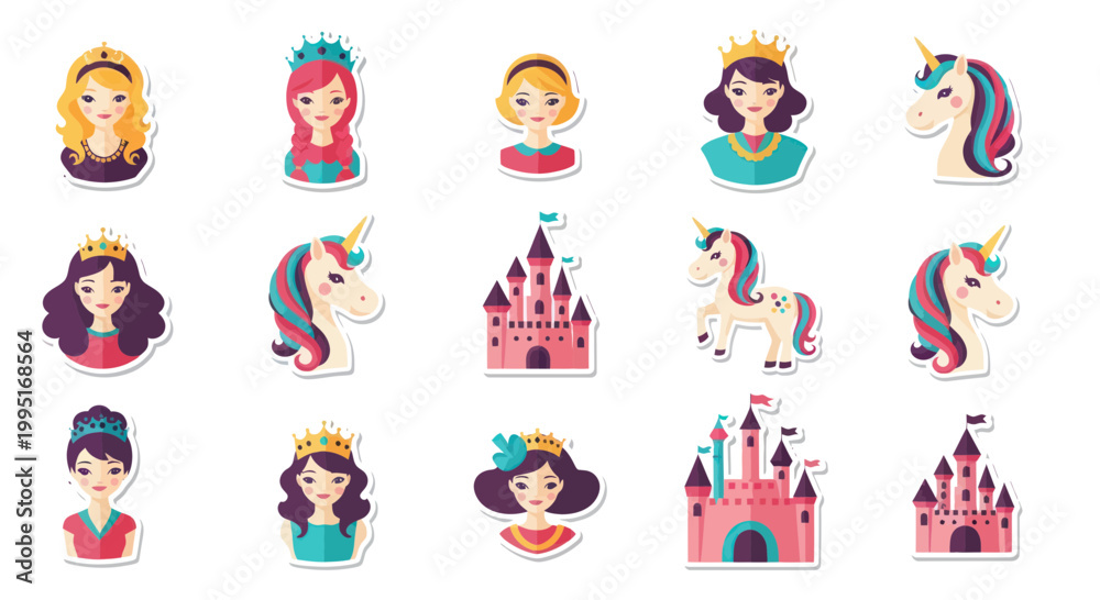 Obraz premium Cute Princesses and Unicorns Stickers Set