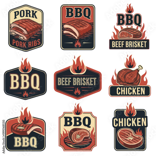 BBQ Meat Icons: Pork Ribs, Beef Brisket, Chicken - Vintage Style Labels