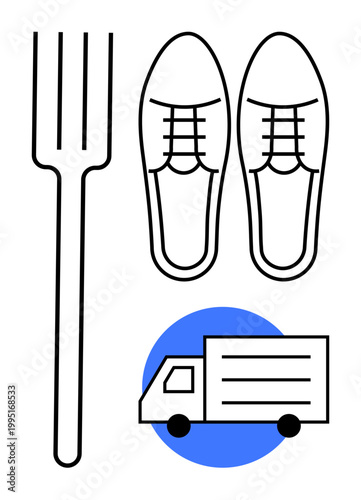 Food delivery, logistics, transportation, fashion, footwear, culinary . Thin line art showing a fork, a pair of shoes and a delivery truck. Food delivery and logistics concept