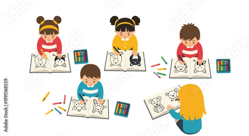 Five young children are sitting down together, happily drawing and coloring various cute animal sketches in their notebooks using colorful crayons.