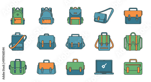 Collection of Backpacks and Briefcases, School Bags, Laptop Bag, Vector Icons