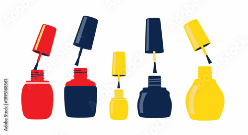 Colorful Nail Polish Bottles and Brushes - Red, Blue, Yellow - Beauty and Cosmetics