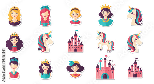 Cute Princesses and Unicorns Stickers Set