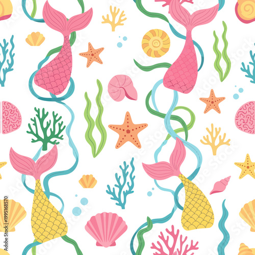 Cute Mermaid Tails and Ocean Elements Seamless Pattern