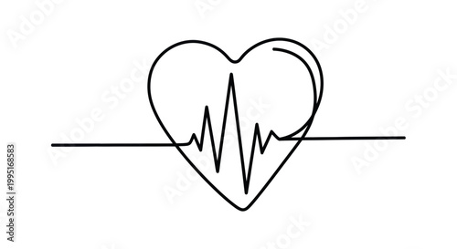 Heartbeat line art, ECG graph inside heart shape, medical symbol