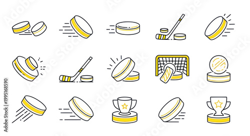 Ice Hockey Puck and Stick Icons Set: Sport Game Elements, Trophy, Net