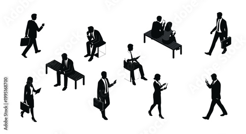 a collection of isometric business people silhouettes in daily corporate life walking and using technology