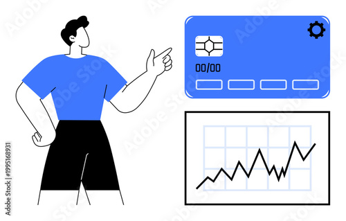 Financial services, payment systems, fintech, business growth, analytics, online transactions. A person pointing at a credit card and growth chart. Financial services and payment systems concept