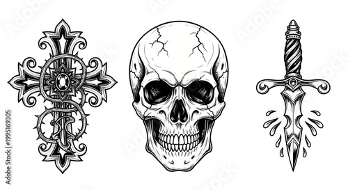 Gothic Skull, Dagger, and Cross with Thorns - Tattoo Art Style