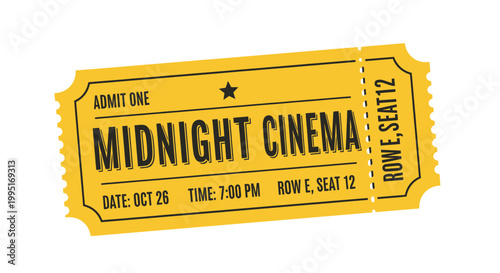 Midnight Cinema Movie Ticket Admit One Yellow Vintage Style