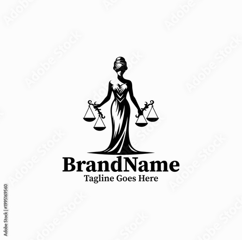  A lady justice silhouette holding scale is illustrated as a symbolic law logo design monochrome classic
