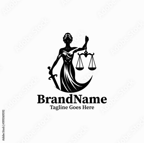  A lady justice silhouette holding scale is illustrated as a symbolic law logo design monochrome classic