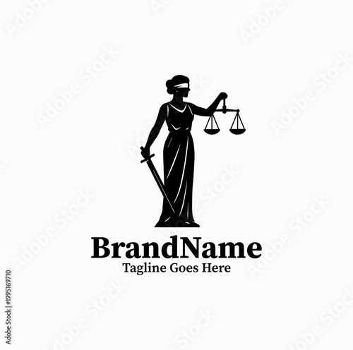  A lady justice silhouette holding scale is illustrated as a symbolic law logo design monochrome classic