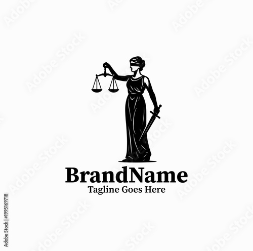  A lady justice silhouette holding scale is illustrated as a symbolic law logo design monochrome classic