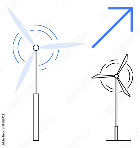 Renewable energy, sustainability, wind power, technology trends, clean energy, environmental conservation. Two wind turbine icons in motion, one colored one outline with an upward arrow. Renewable