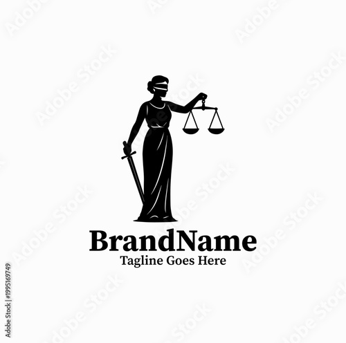  A lady justice silhouette holding scale is illustrated as a symbolic law logo design monochrome classic