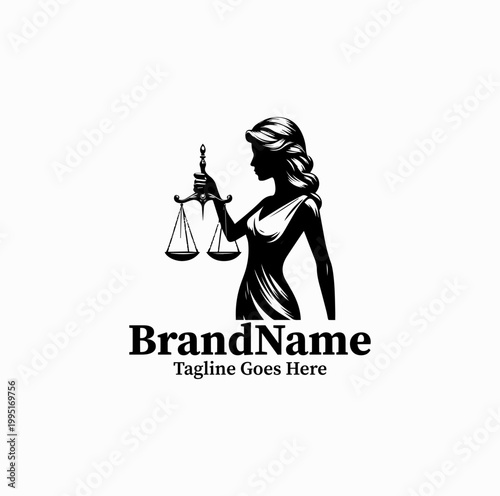  A lady justice silhouette holding scale is illustrated as a symbolic law logo design monochrome classic