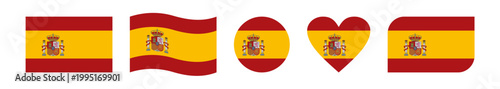 Set of five creative Spain flag vector designs featuring wavy, circular, heart-shaped, rounded-corner, and rectangular styles, symbolizing national pride and patriotic celebration