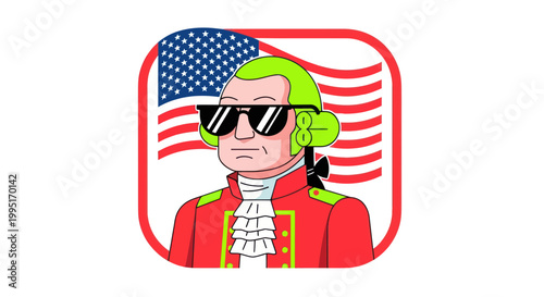 Foto Cool American Founding Father Cartoon Wearing Sunglasses and Wig, USA Flag Backg