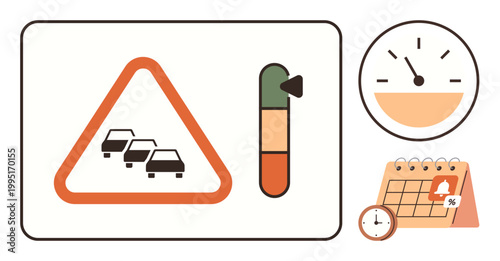 Traffic management, congestion monitoring, planning efficiency, road safety, travel scheduling, urban mobility. Warning sign with traffic icons and a calendar. Traffic management and congestion