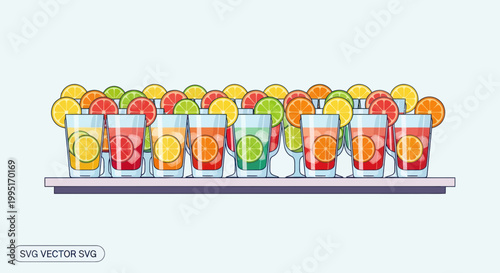 Fresh Citrus Juice Drinks with Fruit Slices, Summer Refreshment, Vector Illustration