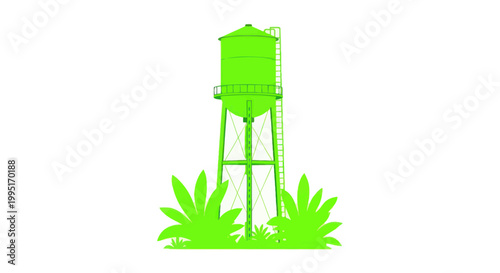 Green Water Tower Illustration with Plants