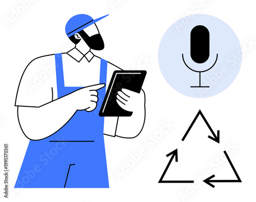 Sustainability, recycling, digital tools, eco-friendly practices, smart technology, communication. Worker holding a tablet and recycling and microphone icons. Sustainability and recycling concept