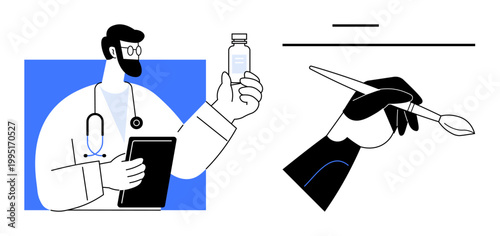 Healthcare, creativity, medical services, artistry, innovation, conceptual ideas. A doctor with a vial and a hand holding a paintbrush. Healthcare and creativity as dual perspectives concept