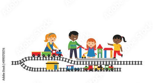 Four diverse children are happily playing together with toy trains and building blocks in a bright and cheerful setting.