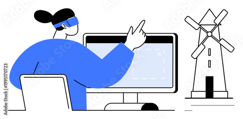 Renewable energy, technology integration, VR applications, sustainability, future innovation, clean energy. Person using virtual reality headset with a computer and wind turbine. Renewable energy