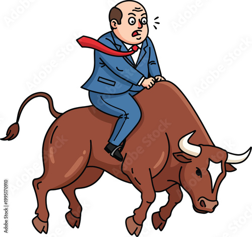 A Chubby Businessman In A Blue Suit And Tie Riding On The Back Of A Charging Brown Bull
