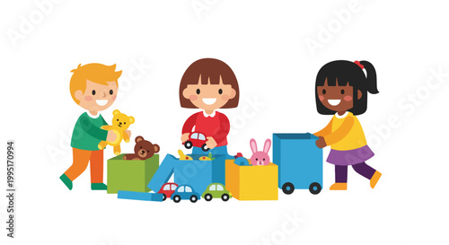Three diverse children are happily playing together, tidying up and organizing their colorful toy cars and stuffed animals into storage boxes.