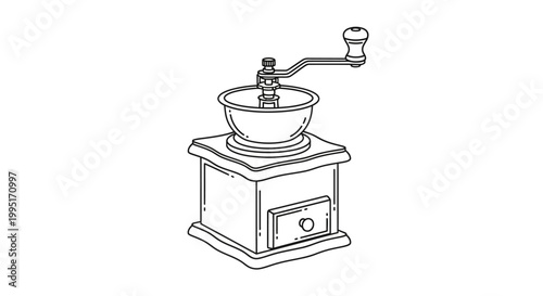Vintage Hand Coffee Grinder Outline Drawing Illustration.