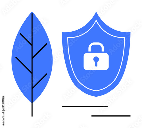 Eco-security, data privacy, environmental safety, sustainability, secure systems, digital protection. Blue leaf and shield with lock icon. Eco-security and data privacy concepts