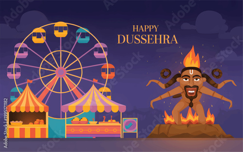 Happy Dussehra with a burning Ravana effigy, a Ferris wheel, and colorful market stalls fire
