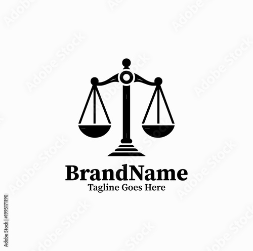 A minimal justice scale symbol is illustrated as a modern law firm logo design monochrome clean