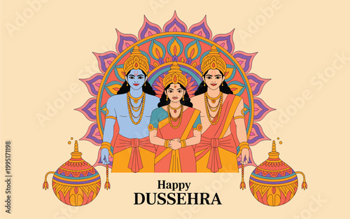 Lord Rama, Sita, and Lakshmana with mandala background, and traditional kalash, vessels.