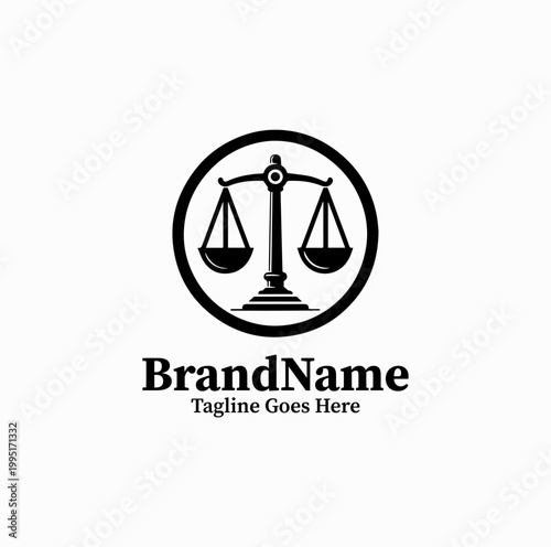 A minimal justice scale symbol is illustrated as a modern law firm logo design monochrome clean