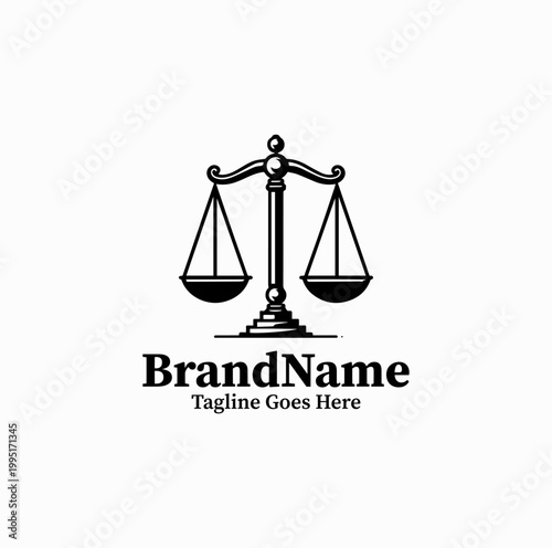 A minimal justice scale symbol is illustrated as a modern law firm logo design monochrome clean
